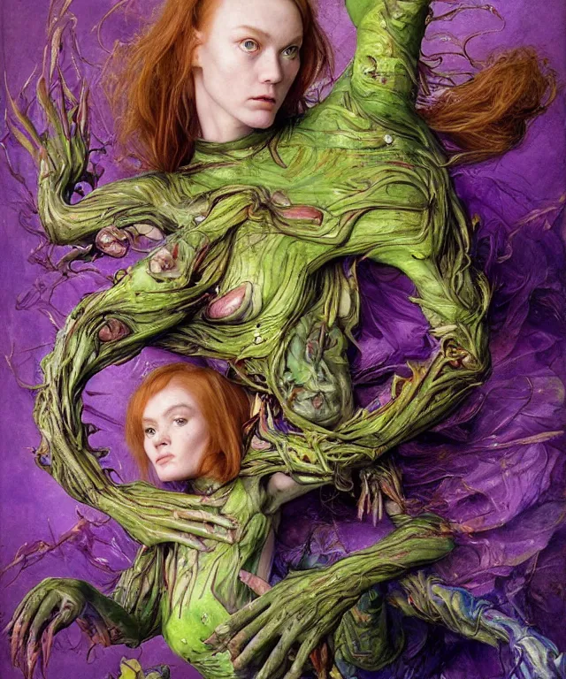 Image similar to a portrait photograph of a fierce mutated hybrid super villian with slimy skin. she looks like sadie sink and is fighting in a colorful infected bulbous shiny organic catsuit. by donato giancola, hans holbein, walton ford, gaston bussiere, peter mohrbacher and brian froud. 8 k, cgsociety, fashion editorial