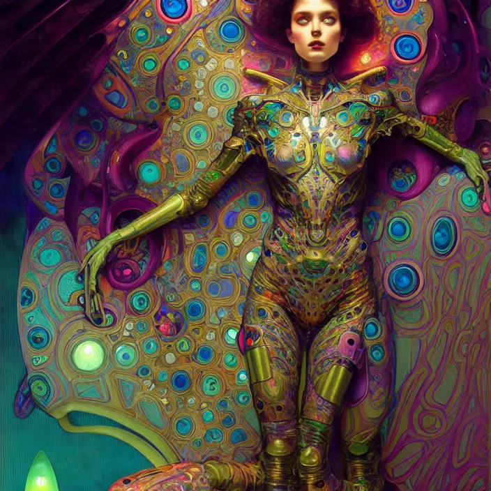 Image similar to bright psychedelic organic cyborg, 4th dimensional, diffuse lighting, fantasy, intricate, elegant, highly detailed, lifelike, photorealistic, digital painting, artstation, illustration, concept art, smooth, sharp focus, art by John Collier and Albert Aublet and Krenz Cushart and Artem Demura and Alphonse Mucha