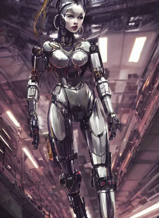 Prompt: a young attractive beautiful Asian woman wearing mecha armor inside a sci-fi hangar, dramatic pose, chrome, glowing LEDs, wires and cables, highly detailed, photorealistic, volumetric lighting, digital art, octane render, in the style of Artgerm and Tom Bagshaw