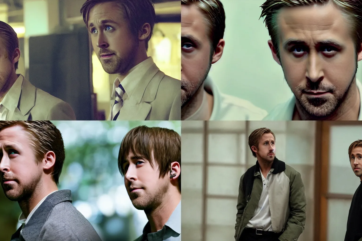 Prompt: Ryan Gosling playing Yu Narukami in a live action adaptation of Persona 4, film still, greenish lighting, 2000s nostalgic,