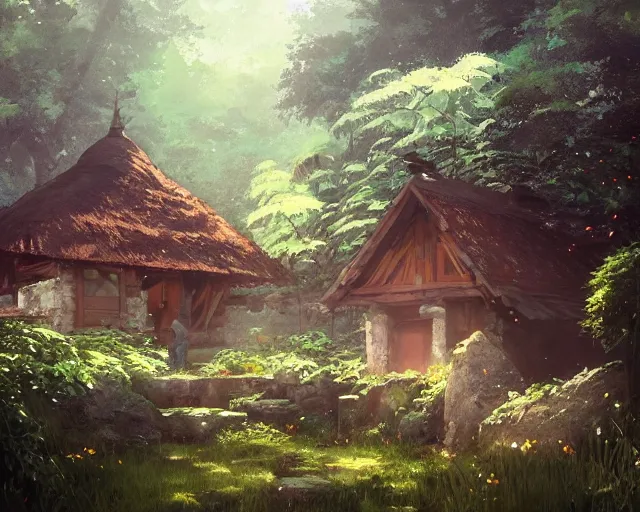 Image similar to old hut in the woods with a flower garden near a waterfall, gapmoe kuudere moody lighting stunning bokeh highlights sharp contrast | trending pixiv fanbox | by greg rutkowski makoto shinkai takashi takeuchi studio ghibli