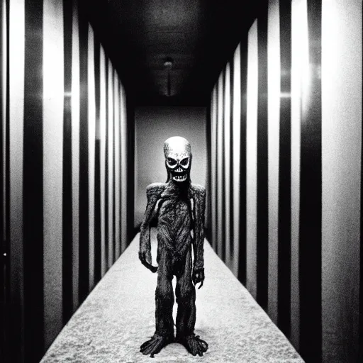 Prompt: a flash photo of creepy wendigo with an unnatural smile standing in a vantablack hallway from the horror movie rec, shaky camera, it is deformed and is staring at the camera from the end of a dark liminal hallway. caught on vhs, film grain, national geographic award winning photography,