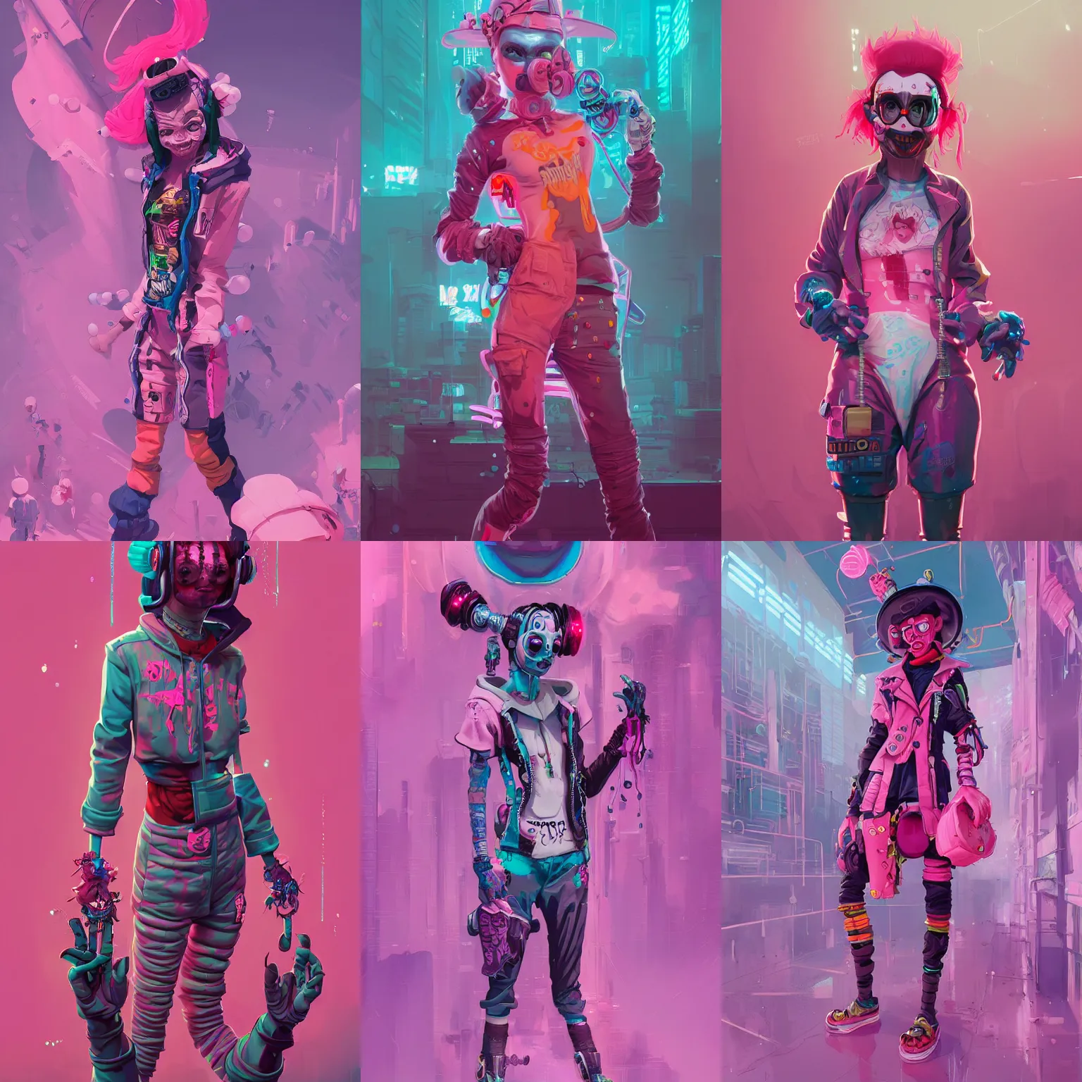 Image similar to wide view cyberpunk clown girl made of pink slime, cartoon, wearing cyberpunk intricate streetwear, transparent, behance hd artstation by jesper ejsing by rhads, makoto shinkai and lois van baarle, ilya kuvshinov, ossdraws, cinematic lighting, sharp focus