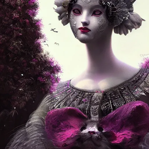 Image similar to picture generation, soft painting curiosities carnival, beautiful cat head hybrid in full long dress, accurate features, focus, very intricate ultrafine details, black white purple volumetric clouds, award winning masterpiece, octane render 8 k hd, tom bagshaw artstyle
