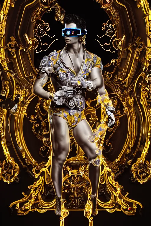 Prompt: full-body neon porcelain bladerunner and rococo style sculpture of a muscular handsome Joe Jonas prince wearing VR Oculus glasses as a half android with a porcelain chest opening exposing circuitry and electric sparks, glowing laser beam eyes, crown of giant diamonds, flowing neon-colored silk, fabric, raptors. baroque elements. full-length view. baroque element. intricate artwork by caravaggio. many many birds birds on background. Trending on artstation, octane render, cinematic lighting from the right, hyper realism, octane render, 8k, depth of field, 3D