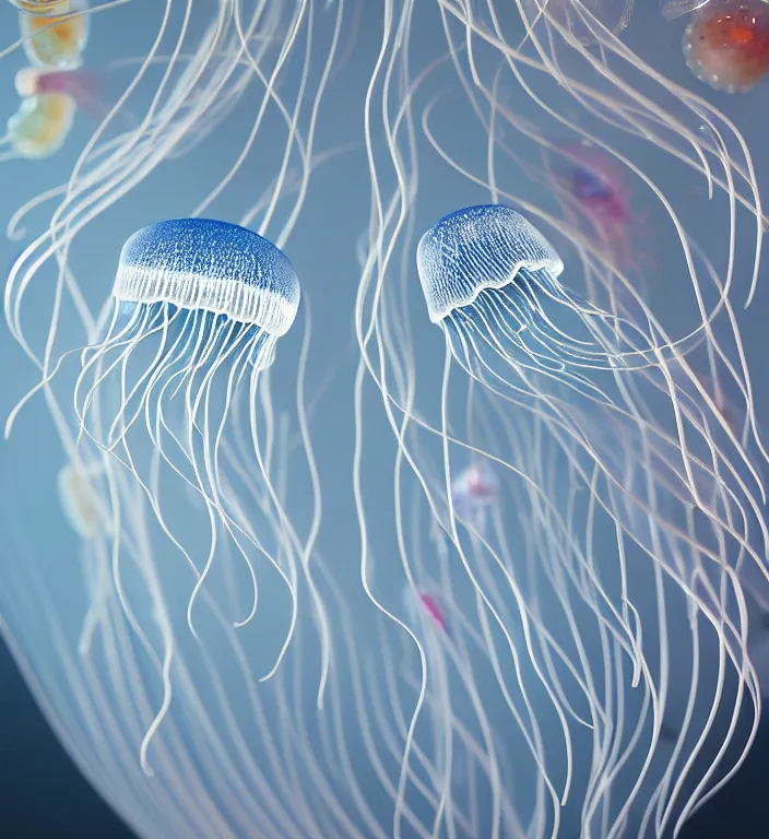 Image similar to jellyfish , A Close up photo-real delicate ceramic porcelain sculpture of a symmetrical ornate detailed in front of an intricate background by Victo Ngai and takato yamamoto, micro detail, backlit lighting, face in focus, subsurface scattering, translucent, thin porcelain, octane renderer, colorful, physically based rendering, japanese pottery, trending on cgsociety