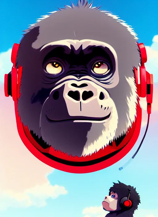 Image similar to portrait of anime style baby gorilla, sunny sky background, lush landscape, illustration concept art anime key visual trending pixiv fanbox by wlop and greg rutkowski and makoto shinkai and studio ghibli and kyoto animation, symmetrical facial features, black t shirt, red headphones,