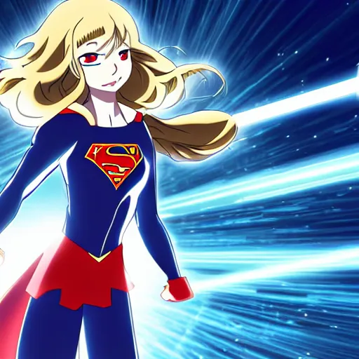 Image similar to anime visual of supergirl shooting laserbeams from her eyes