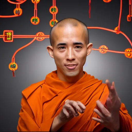 Prompt: techno monk in orange robes with wires and circuit boards coming out of his face