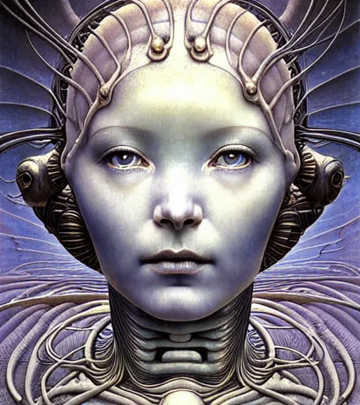 Image similar to detailed realistic beautiful young bjork alien robot as queen of mars face portrait by jean delville, gustave dore and marco mazzoni, art nouveau, symbolist, visionary, gothic, pre - raphaelite. horizontal symmetry by zdzisław beksinski, iris van herpen, raymond swanland and alphonse mucha. highly detailed, hyper - real, beautiful