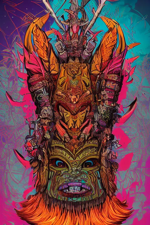 Image similar to totem animal tribal chaman vodoo mask feather gemstone plant wood rock video game illustration vivid color borderlands by josan gonzales and dan mumford radiating a glowing aura