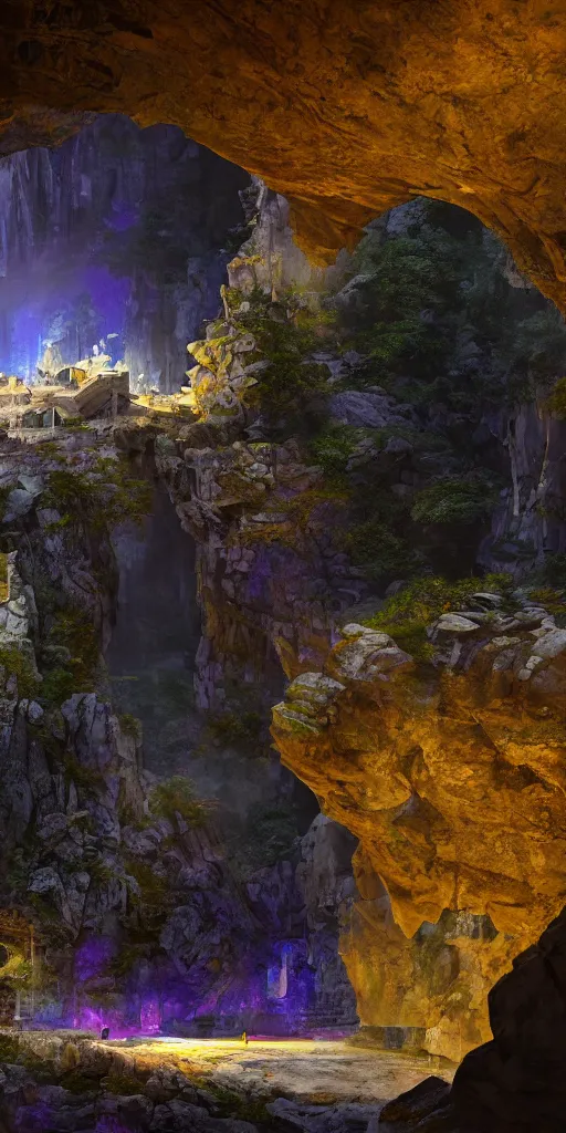 Image similar to Gorge in the mountain, white stone temple ruins, night dramatic lighting, blue, yellow and purple tones, wide camera angle, matte painting, trending on ArtStation, concept art, delightful surroundings, high detail, sharp contrast, picturesque, 4K, 8K, super graphically realistic detailed, high definition, HDR