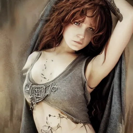 Prompt: dressed Hermione Granger in tattoos, by luis royo, beautiful eyes, by Aggi Erguna, top cinematic lighting, cinematic mood, hyperrealism, high detail