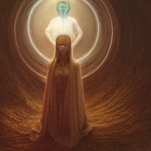 Prompt: Woman masterpiece, golden halo behind her head, open eyes, glowing eyes, by Edgar Maxence and Ross Tran, Zdzisław Beksiński, and Michael Whelan, distant, gustav dore, H.R. Giger, 8k, octane render