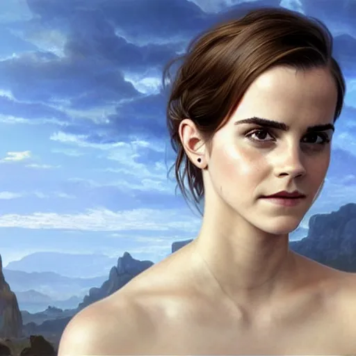 Image similar to emma watson -photograph of a real life god from heaven, lifelike, super highly detailed, professional digital painting, artstation, concept art, Unreal Engine 5, Photorealism, HD quality, 8k resolution, cinema 4d, 3D, beautiful, cinematic, art by artgerm and greg rutkowski and alphonse mucha and loish and WLOP