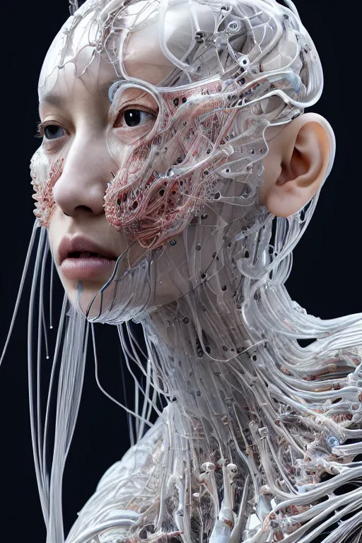 Image similar to iris van herpen, beautiful woman asian face, perfect symmetrical body, full body shot, inflateble shapes, wires, tubes, veins, jellyfish, white biomechanical details, wearing epic bionic cyborg implants, masterpiece, intricate, biopunk, vogue, highly detailed, artstation, concept art, cyberpunk, octane render