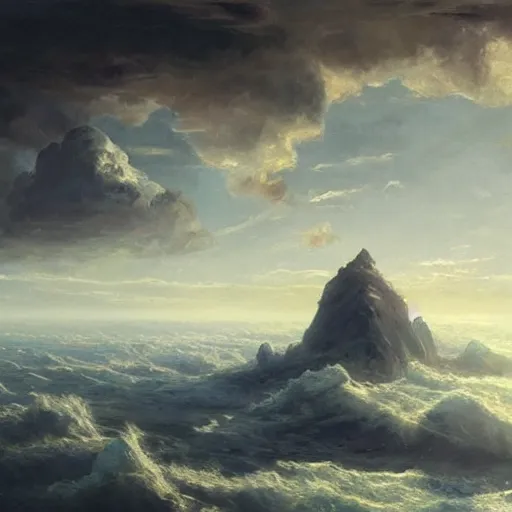 Prompt: continent in an ocean of clouds populated by an ancient civilization, oil painting, by greg rutkowski