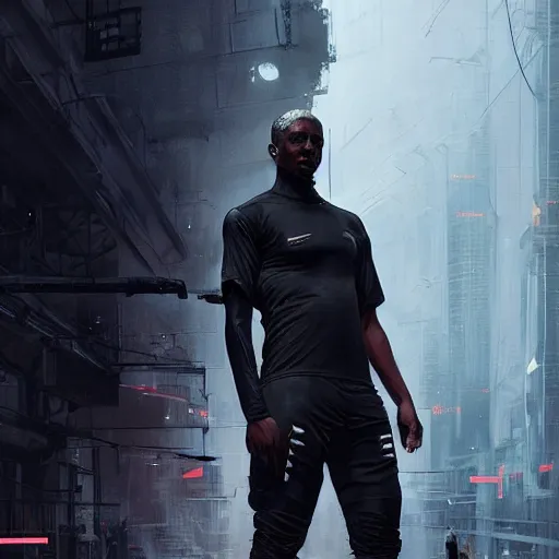 Image similar to A broad shouldered, muscular man in a Acronym Riot Division Nike techwear outfit, Acronym P31-ds pants, trending on r/techwearclothing, high quality, digital art, cyberpunk city, Summer, greg rutkowski