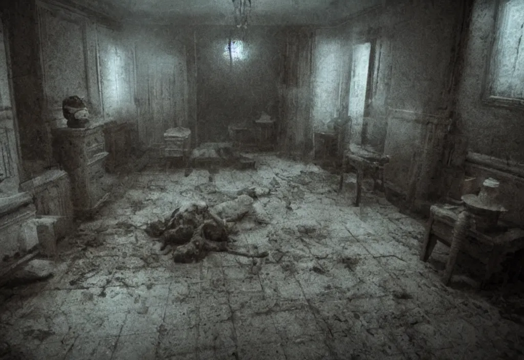 Prompt: eldritch hungry ghosts in a room of a haunted house. realistic, cinematic lighting, octane tender, dark - art