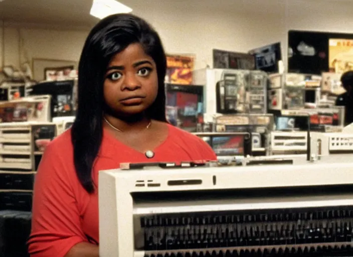 Image similar to cinematic shot of octavia spencer in an small used electronics store next to an old electronic keyboard, iconic scene from the paranoid thriller sci fi film directed by stanley kubrick, anamorphic cinematography, beautiful composition, color theory, leading lines, photorealistic, moody volumetric lighting