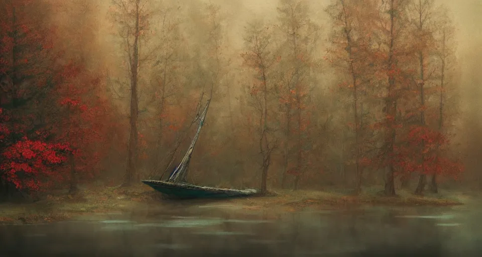 Image similar to an old broken sailing ship in an autumn forest, green and red tones, by Aron Wiesenfeld and beksincki, cinematic, detailed illustration, nature, fog, dark colors, suspense, intricate, 8k