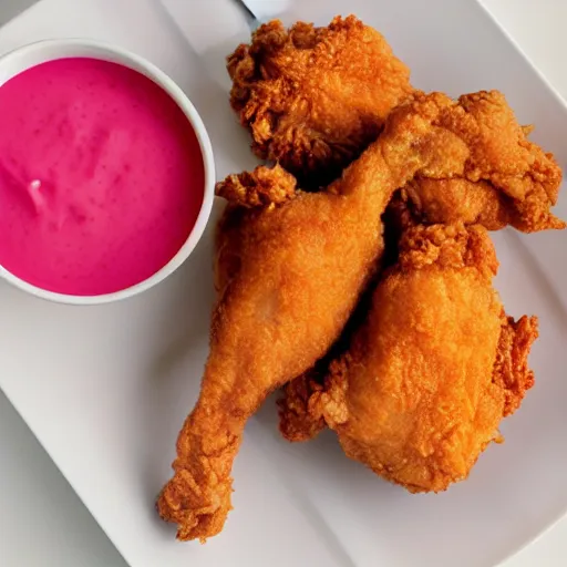 Prompt: fried chicken covered in pink sauce