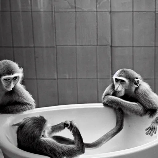 Image similar to monkeys bathing in a tub and eating bananas, national geographic