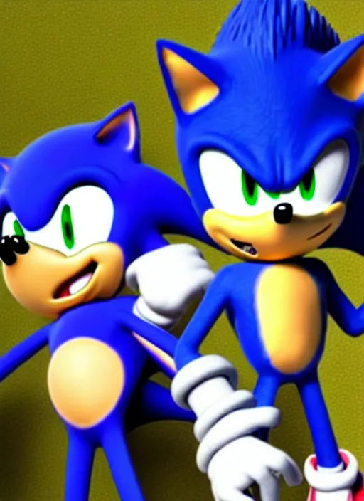 Image similar to sonic the hedgehog and jotaro kujo from jojo's bizarre adventure hanging out, photorealistic