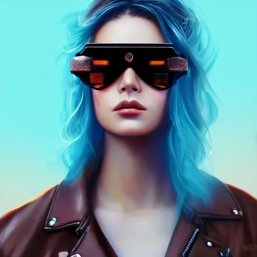 Image similar to closeup painting of a very beautiful young mexican cyberpunk woman with a smirk, wearing light blue shutter shades and a dark brown leather jacket, one side haircut, long brown hair with light blue ends, portrait, hyperdetailed, artstation, cgsociety, 8 k, synthwave by tangerine dream