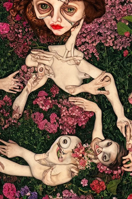 Prompt: a woman laying ing on a bed of flowers and bones, large eyes and lips, HD Mixed media collage, depth of field, highly detailed and intricate, surreal illustration in the style of Caravaggio and Egon Schiele, baroque dark art