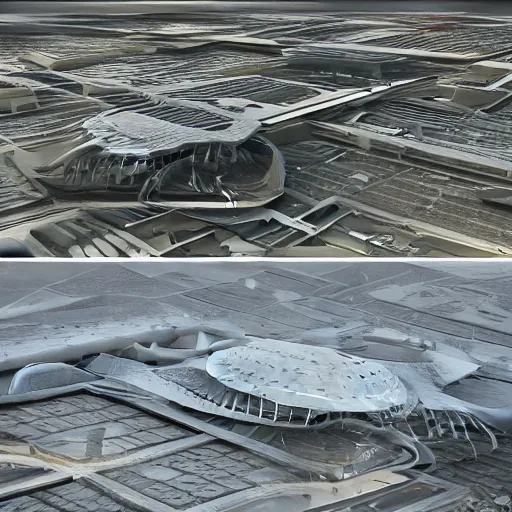 Image similar to sci-fi organic brutalism speed dynamic o x u shape airport structure view from above on the coronation of napoleon painting and digital billboard in the middle, unreal engine 5, keyshot, octane, artstation trending, ultra high detail, ultra realistic, cinematic, 8k, 16k, in style of zaha hadid, in style of photogrammetry point cloud, in plastic,dark, tilt shift,