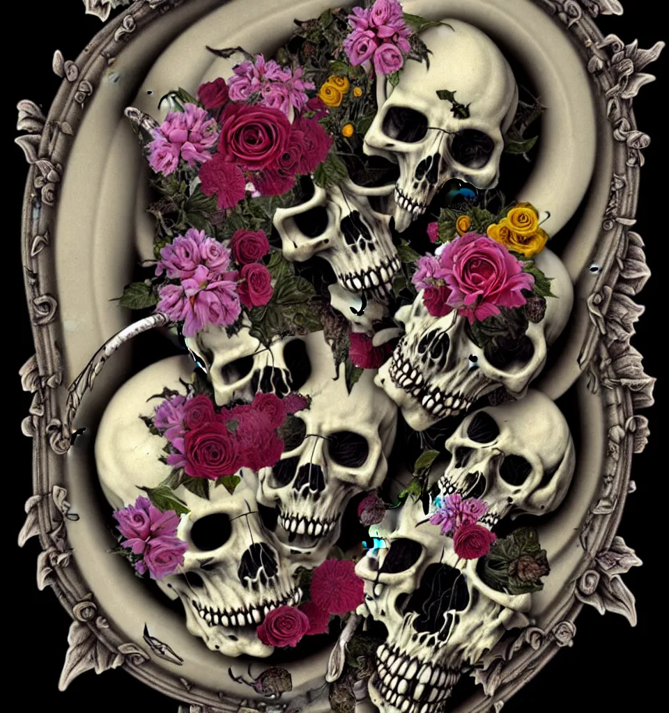 Prompt: undead, punk rock, male, fruit and flowers, botanical, vanitas, sculptural, baroque, rococo, intricate detail, spiral, ornamental, decomposing