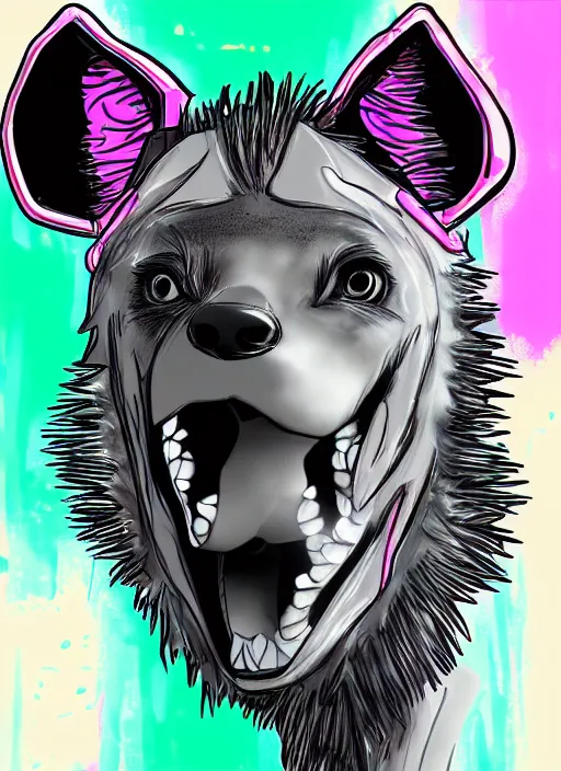 Image similar to digital drawing of anthromorphic hyena female drawn in cell shaded, fursona, furry fandom, neon rainy cyberpunk setting, anthro, wearing leather jacket, detailed face,