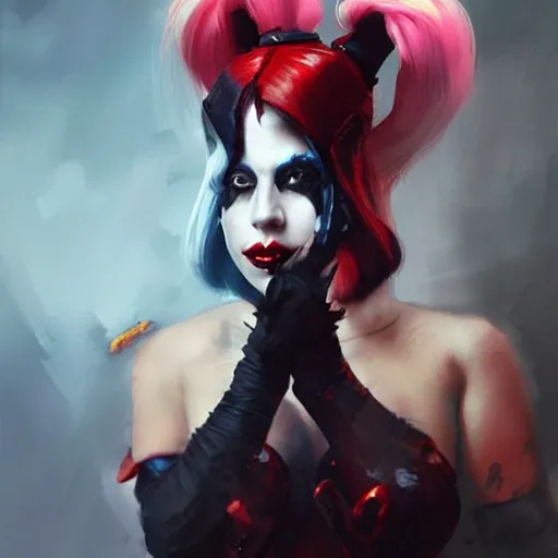 Prompt: lady gaga as harley quinn, painted by wenjun lin, greg rutkowski