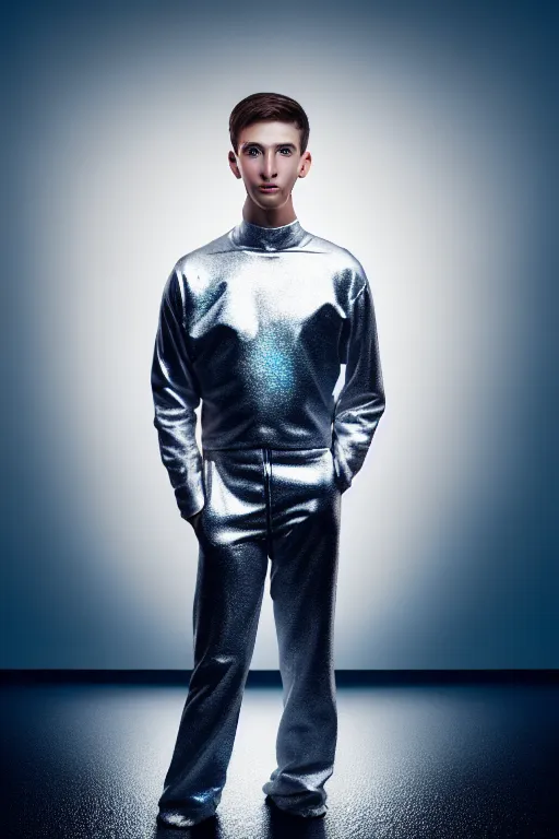 Image similar to un ultra high definition studio quality photographic art portrait of a young man standing on the rooftop of a british apartment building wearing soft padded silver pearlescent clothing. three point light. extremely detailed. golden ratio, ray tracing, volumetric light, shallow depth of field. set dressed.