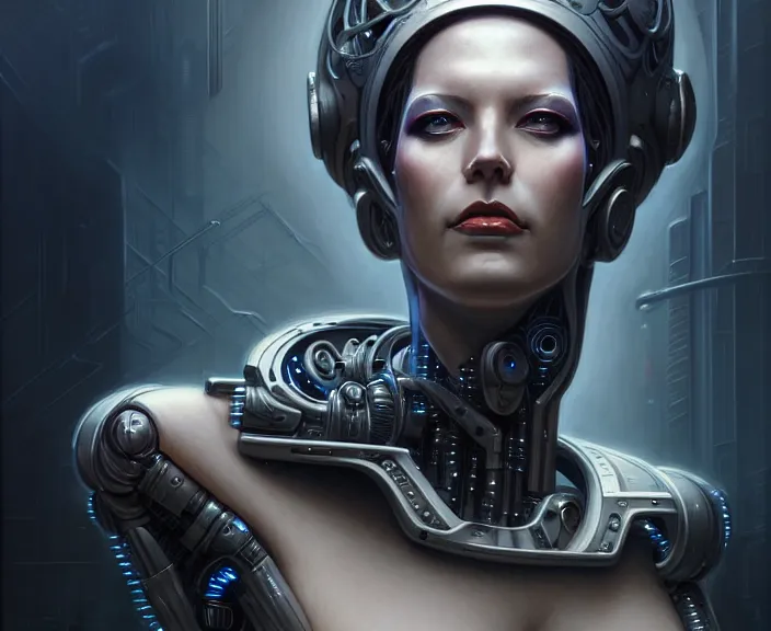 Image similar to portrait shot of a cyberpunk robot woman, dark background, intricate, elegant, highly detailed, centered, digital painting, artstation, concept art, smooth, sharp focus, illustration, artgerm, tomasz alen kopera, peter mohrbacher, donato giancola, joseph christian leyendecker, wlop, boris vallejo