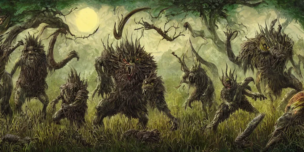 Prompt: wild-rice monsters prowling in the wilderness, style of Magic the Gathering, fantasy art