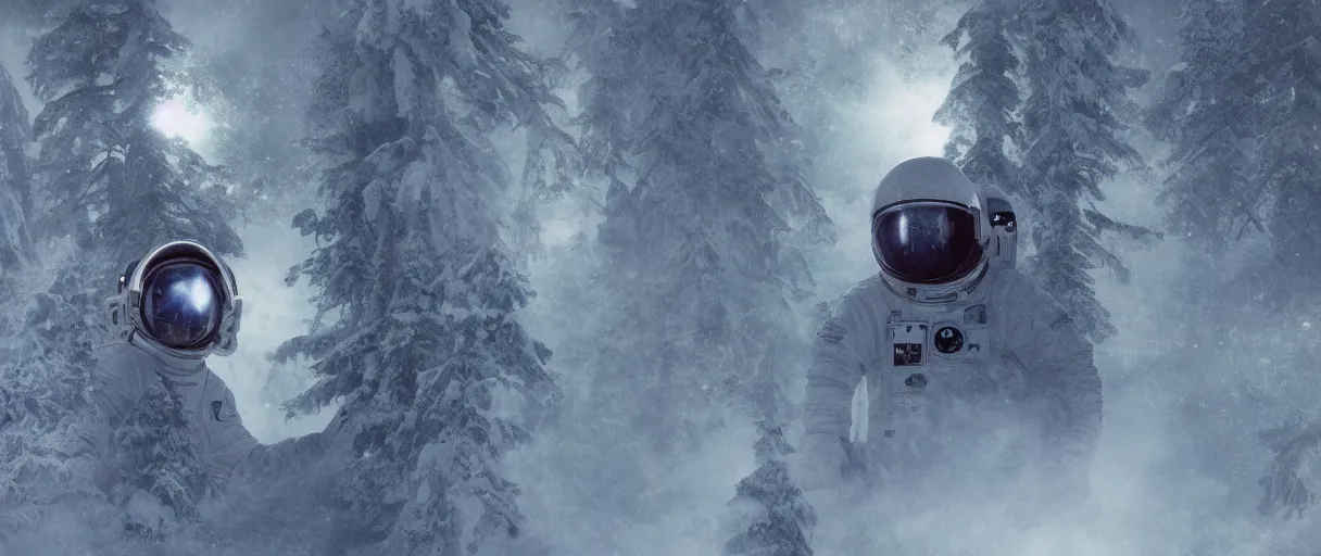 Prompt: close - up portrait of space astronaut with white spacesuit flying inside siberian big green pines snow forest, close - up helmet. small foggy and gloomy, blue lights, bokeh background, close - up shot, highly detailed science fiction illustration by jeremy geddes. photorealistic, octane render, hyper detailed, 8 k, movie still, artstation, unreal engine