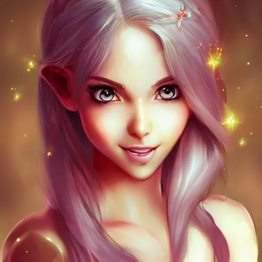 Prompt: very beautiful female fairy, smiling, flirty, eye contact, perfect face, perfect body, drawn by artgerm