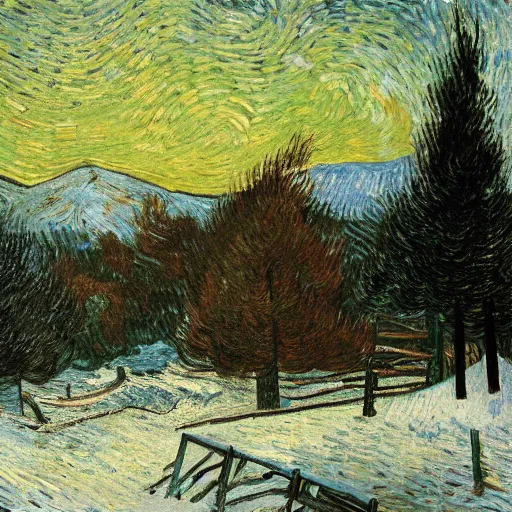 Prompt: beautiful oil painting, snowy snow storm, woodland meadow, log cabin, smoke billowing from chimney, evening, light from window, water stream, water wheel, oak trees, pine trees, rabbits, squirrel, fox, mild breeze wind, falling snow, snow on trees and ground, mountain in background, high detailed, by van gogh