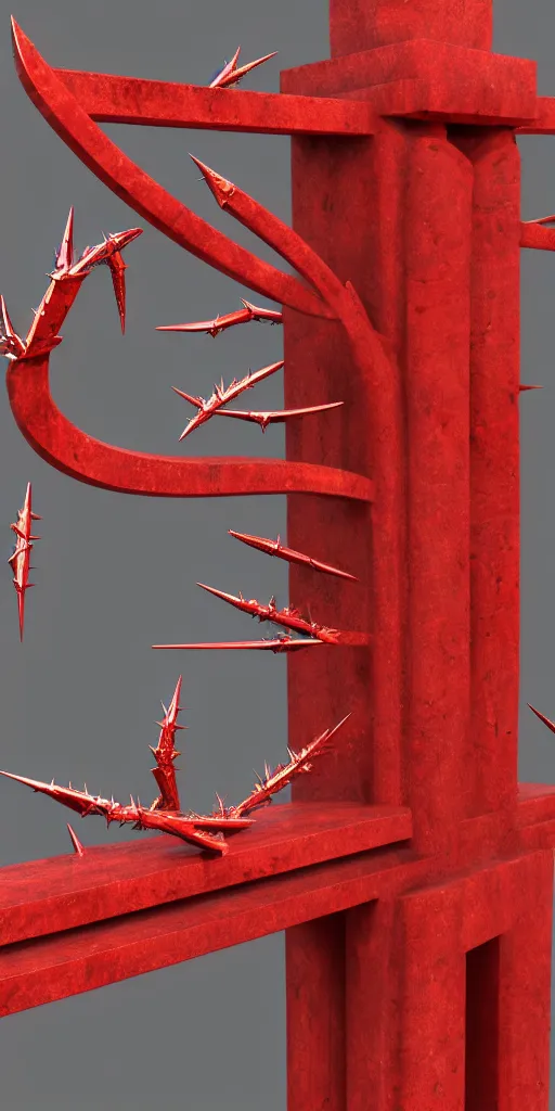 Prompt: 3 d render of a red torii gate sculpture, chrometype, made of liquid metal and marble, neotribal with thorns, japanese temple, raytraced, volumetric lightning, 8 k, by zhelong xu, ouchh and and innate studio