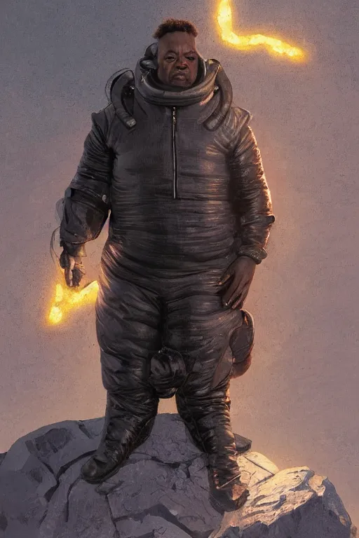 Image similar to portrait of a black man as baron harkonnen wearing leather spacesuit, standing on rocky outcrop, detailed, illustration by normal rockwell, artstation character art, adebanji alade, concept art, greg rutkowski