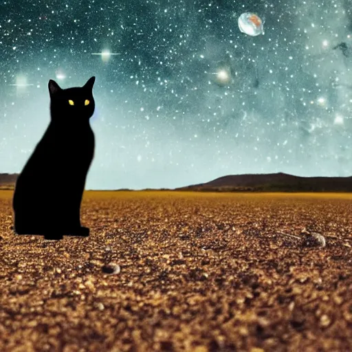 Image similar to ultrarealistic black cat, standing on a planet, galaxies background, powerful