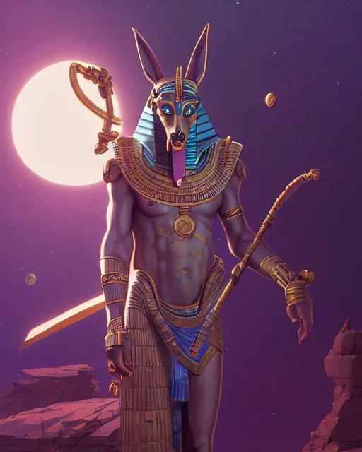 Image similar to highly detailed vfx portrait of egyptian god anubis with ankh staff floating in space purples, unreal engine, greg rutkowski, loish, rhads, beeple, makoto shinkai and lois van baarle, ilya kuvshinov, rossdraws, tom bagshaw, alphonse mucha, global illumination, detailed and intricate environment