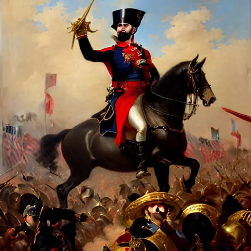 Prompt: drdisrespect conquering waterloo as napoleon, battle scene, highly detailed painting by gaston bussiere, j. c. leyendecker, greg rutkowski, craig mullins 8 k