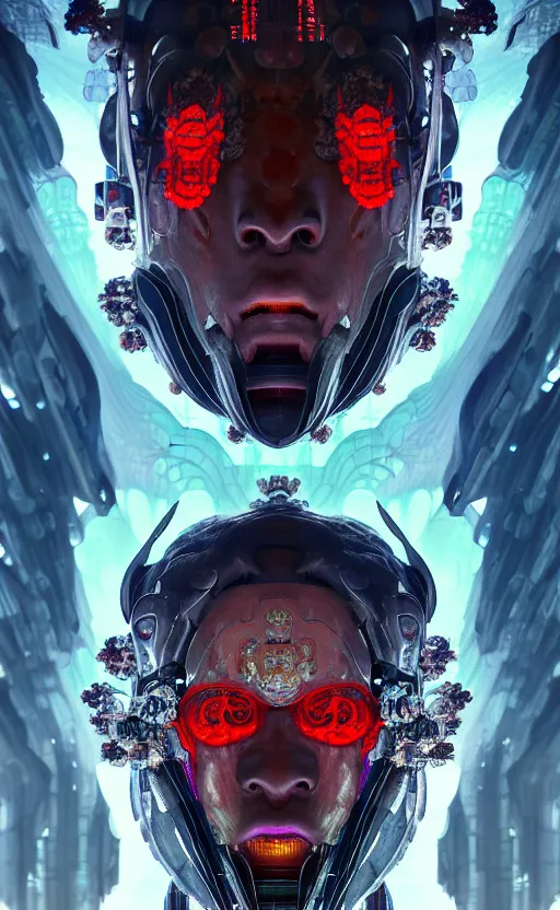 Image similar to asura from chinese myth, ghost, gorgeous and huge head ornaments, dystopian, cyberpunk, organic fractal mycelum and fungi, mecha, halfturn portrait of a big crystal face made of crystals half - turn, ominous, intricate, studio, art by anthony macbain + greg rutkowski + alphonse mucha, concept art, 4 k, sharp focus