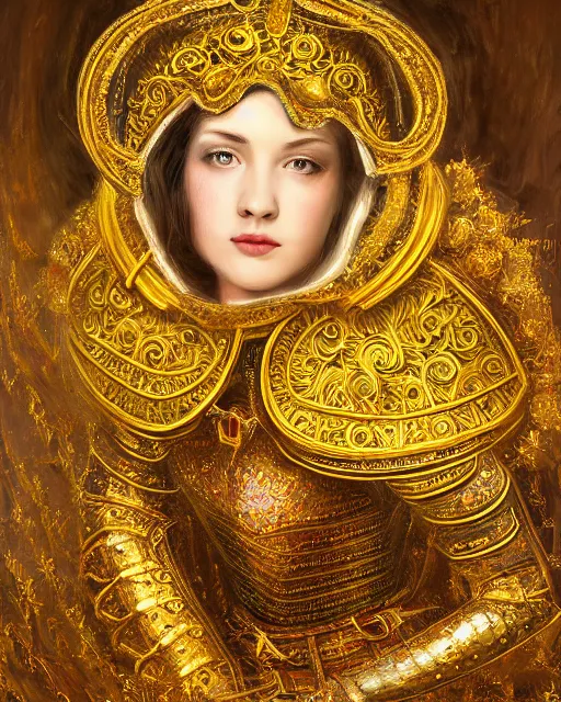 Image similar to enamel painting portrait of woman in shining golden armor, high production value, intricate details, high resolution, hdr, high definition, masterpiece, realistic, ultrarealistic, highly detailed, hd, sharp focus, non blurry, sharp, smooth