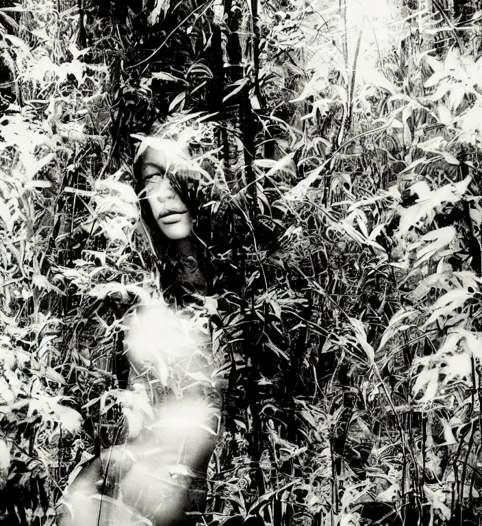 Image similar to a female model with long black hair, emerging from a dense misty jungle wearing camouflage by yohji yamamoto, in the style of daido moriyama, 3 5 mm film, camera obscura, double exposure