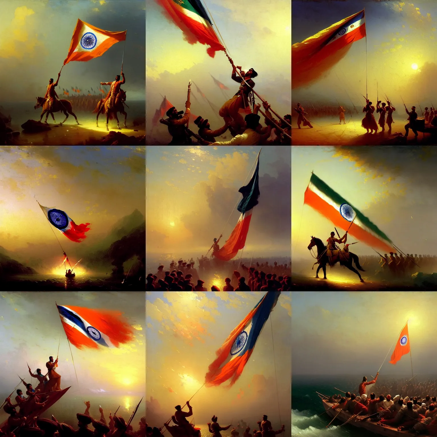 Prompt: a cinematic dramatic scene of indian freedom fighters hoisting a colossal indian flag. oil on canvas, by ivan aivazovsky, by greg rutkowski, trending on artstation, featured on pixiv, masterpiece, cinematic composition, brilliant lighting, highly detailed, hd, 8 k