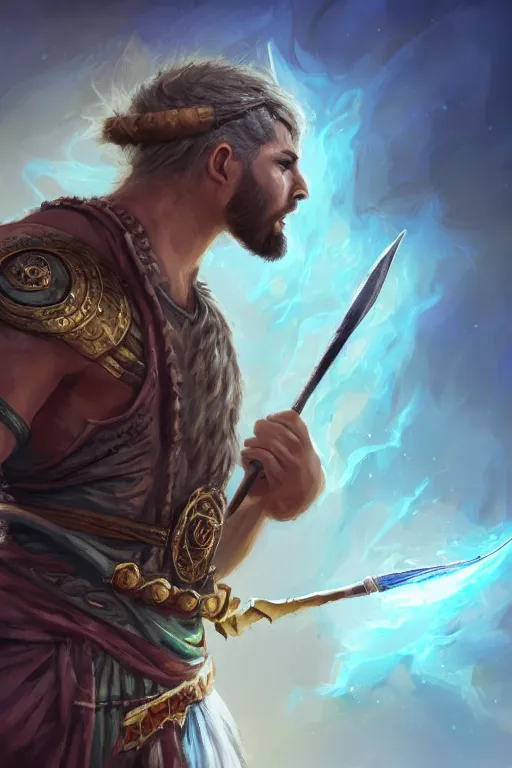 Image similar to ! dream character portrait of ahmad jannati as magic barbarian with a third eye on the forehead and body warpaint, dungeons and dragons cover artwork, dynamic composition, dramatic lighting, trending on artstation, award winning art, stylized painting by sophie anderson, leonardo da vinci and raphael, concept art, 4 k, 8 k, gold and teal color scheme